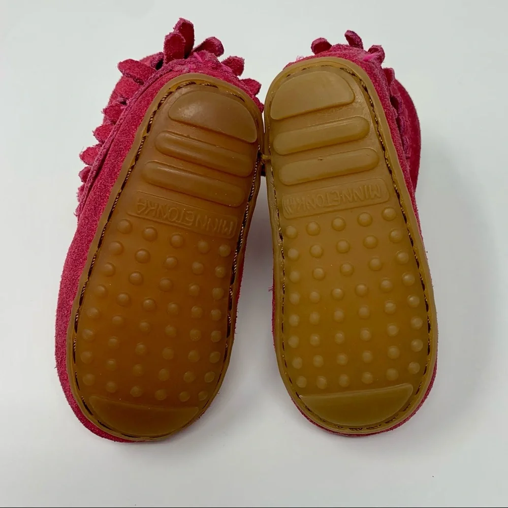 Minnetonka Baby Girls Hot Pink Suede Double Fringe Moccasin Boots Shoes Size 2